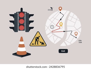 Una representación estilizada de la navegación de la ciudad con señales de tráfico, señalización de carreteras y una ruta cartografiada que muestra un tiempo estimado de llegada