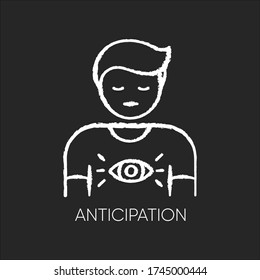 Anticipation chalk white icon on black background. Man expecting future. Person with intuitive prediction. Third eye. Spiritual experience. Mental state. Isolated vector chalkboard illustration