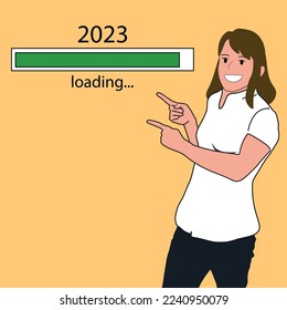 
Anticipation, hoping for a better 2023 new year concept. Cheerful pretty young woman pointing with finger at 2023 download process over yellow background.