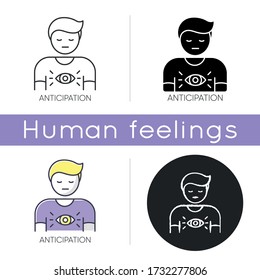 Anticipation icon. Man expecting future. Person with intuitive prediction. Third eye. Mental state. Human feeling of discomfort. Linear black and RGB color styles. Isolated vector illustrations