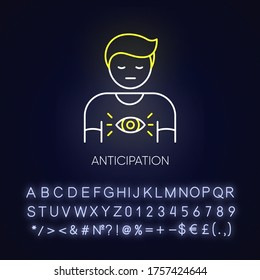 Anticipation neon light icon. Man expect future. Person with intuitive prediction. Mental state. Outer glowing effect. Sign with alphabet, numbers and symbols. Vector isolated RGB color illustration