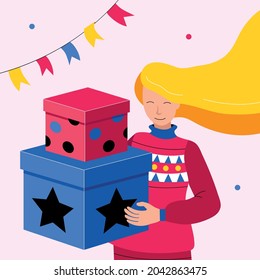 Anticipation of weekends and holidays. Young girl with gifts. Vector illustration, template for social media, postcards.