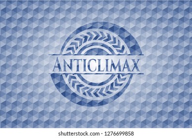 Anticlimax blue badge with geometric pattern background.