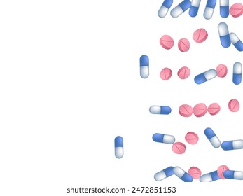Anti-cold pills medical vector illustration. Capsule drugs and tablets illness prescription elements. Blue white and pink pills, emergency treatment or vitamins. Therapy cure drugs.