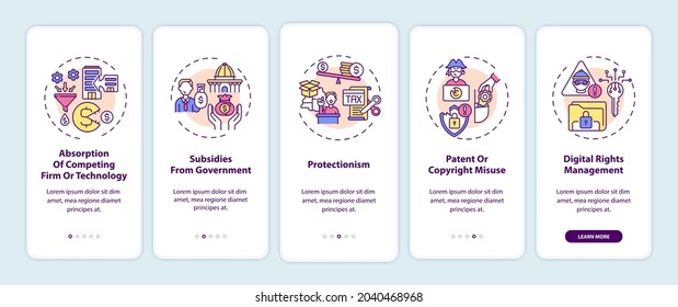 Anti-competitive Practices Onboarding Mobile App Page Screen With Concepts. Absorption, Subsides Walkthrough 5 Steps Graphic Instructions. UI, UX, GUI Vector Template With Linear Color Illustrations