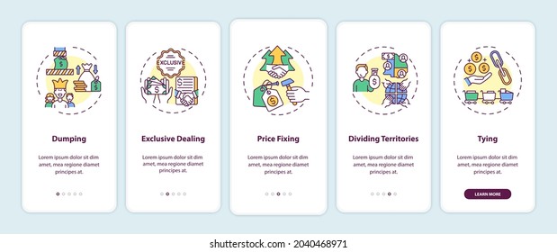 Anti-competitive Practices Types Onboarding Mobile App Page Screen With Concepts. Dumping, Tying Walkthrough 5 Steps Graphic Instructions. UI, UX, GUI Vector Template With Linear Color Illustrations