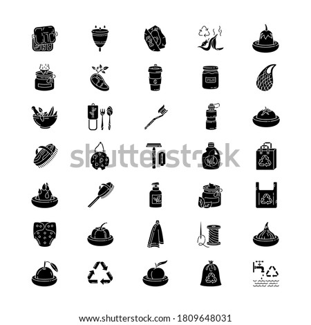Anticonsumerism black glyph icons set on white space. Zero waste policy and sustainable lifestyle silhouette symbols. Eco friendly products and tips. Environment care. Vector isolated illustrations