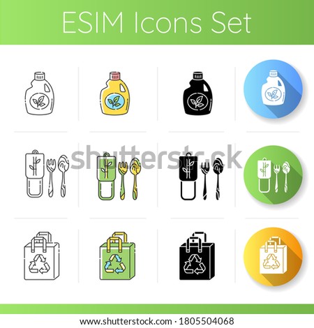 Anticonsumerism icons set. Linear, black and RGB color styles. Zero waste and sustainable lifestyle. Eco cleaning product, reusable shopping bag and bamboo cutlery. Isolated vector illustrations