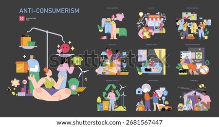 Anti-consumerism vector illustration pack depicting diverse concepts such as capsule wardrobe, DIY culture, and sustainable living. Includes scenes of mindful spending, recycling, and local shopping.