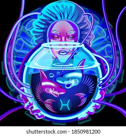Anti-coronavirus horoscope. A series of Zodiac signs in neon technique. Pisces Sign