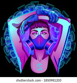 Anti-coronavirus horoscope. A series of Zodiac signs in neon technique. Cancer Sign