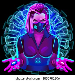 Anti-coronavirus horoscope. A series of Zodiac signs in neon technique. Libra Sign