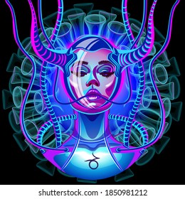 Anti-coronavirus horoscope. A series of Zodiac signs in neon technique. Capricorn Sign