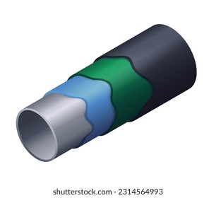 Revestimiento anticorrosivo de productos metálicos. Icono 3D con tres capas protectoras. Beneficios a prueba de roya. Icono para el etiquetado de tuberías y fontanería