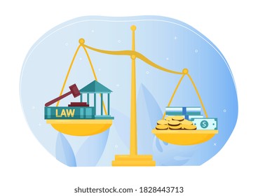 Anti-corruption banner. Scales on one side of which is law and justice, and on the other side is money symbolizing corruption and bribery. Flat abstract vector illustration