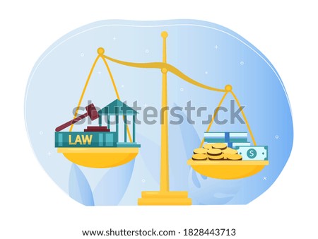 Anti-corruption banner. Scales on one side of which is law and justice, and on the other side is money symbolizing corruption and bribery. Flat abstract vector illustration