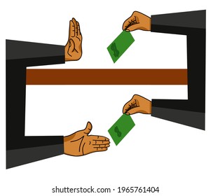 Anti-corruption concept. Handshake with red bill and prohibition sign. Hands give money through handshakes. Flat design