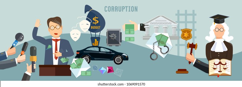 Anti-corruption fight stealing money from budget. Corruption deceitful politician, campaign promises, bribes. Theft of public money 