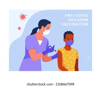 Anti-Covid-Kinder-Impfbanner. Moderne Vektorgrafik eines jungen afroamerikanischen Jungen und einer Krankenschwester mit einer Spritze, die eine Injektion gibt. Einzeln auf abstraktem Hintergrund