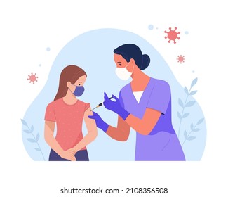 Anti-covid vaccination of children. Vector modern illustration of a teenage girl and a doctor with a syringe giving an injection. Isolated on abstract background