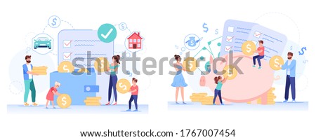 Anti-crisis family budget planning set. Father, mother, children accounting savings, income, profit, making economic solution. People, piggy-bank, wallet, money cash, check-list