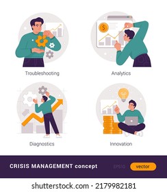 Anti-crisis management concepts. Flat modern style vector illustration of a young male doing analytics, troubleshooting, diagnostics and innovating in business. Isolated on white