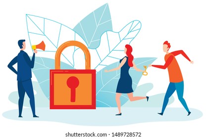 Anti-Crisis Management Flat Vector Illustration. Workers, People Running with Key to Unlock Padlock Cartoon Characters. Supervisor with Loudspeaker Instructing, Monitoring Employees Performance