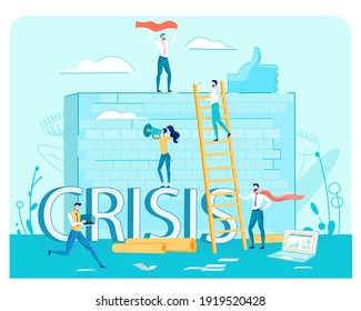 Anti-crisis Management and Successful Crisis Overcoming. Business People, Men and Women Cartoon Characters Working Out Crisis. Financial Problems Solution Strategy. Flat Vector Illustration.