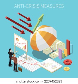 Anti-crisis measures isometric concept with business management and company financial protection symbols vector illustration