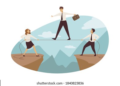 Anticrisis suppport, business, management, outsourcing concept. Team of businesspeople help businessman leader crossing abyss on stretching rope. Coworking or collegue partnership support illustration