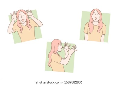 Antics, buffoonery, grimacing concept. Gesticulation, hand-play, making faces, laughter, aping young woman, clowning girl, female teenager putting out her tongue. Simple flat vector