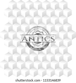 Antics retro style grey emblem with geometric cube white background