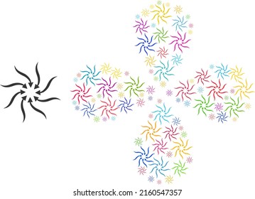 Anticyclone rotation arrows icon colored twirl flower with 4 petals composition. Object flower with four petals created from scattered anticyclone rotation arrows symbols.
