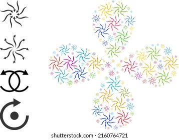 Las flechas de rotación de los anticíclones giran en forma de flor abstracta multicolor. Flor de elemento con 4 pétalos compuestos de símbolos de flechas de rotación anticíclicas dispersas.