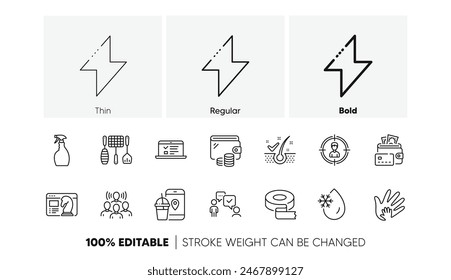 Anti-dandruff flakes, Adhesive tape and Web lectures line icons. Pack of Seo strategy, Grill tools, Freezing water icon. Social responsibility, Team work, Consulting business pictogram. Vector