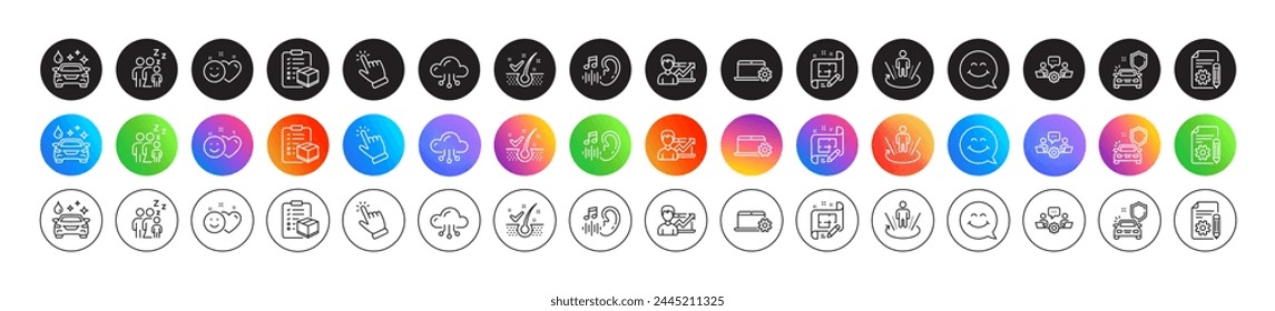 Anti-dandruff flakes, Car secure and Augmented reality line icons. Round icon gradient buttons. Pack of Smile, Architect plan, Car wash icon. Smile face, Documentation, Sleep pictogram. Vector