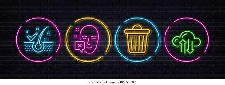 Anti-dandruff flakes, Face declined and Trash bin minimal line icons. Neon laser 3d lights. Cloud sync icons. For web, application, printing. Healthy hair, Identification error, Garbage. Vector