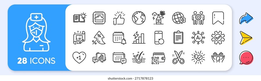 Anti-dandruff flakes, Graph chart and Consumption growth line icons. Interest rate, AI generate, Inflation icons. Pack of Service, Alcohol addiction, Product knowledge icon. Vector