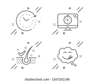 Anti-dandruff flakes, Seo timer and Time change line icons set. Yummy smile sign. Healthy hair, Analytics, Clock. Comic chat. Technology set. Line anti-dandruff flakes outline icon. Vector