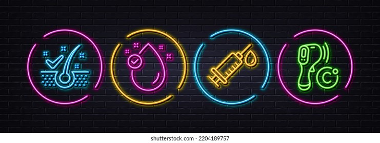 Anti-dandruff flakes, Vitamin e and Medical syringe minimal line icons. Neon laser 3d lights. Electronic thermometer icons. For web, application, printing. Healthy hair, Oil drop, Vaccination. Vector