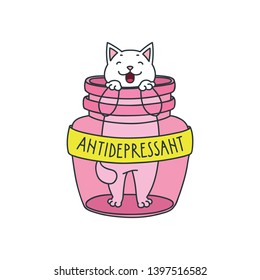 Antidepressant. Cute illustration of funny cat sitting in a pink bottle isolated on white background. Vector 8 EPS.