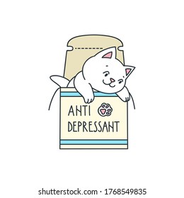 Antidepressant. Cute illustration of funny cat sitting in a medication box isolated on white background. Vector 8 EPS.