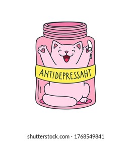 Antidepressant. Cute illustration of funny cat sitting in a pink bottle isolated on white background. Vector 8 EPS.