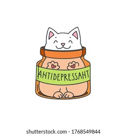 Antidepressant. Cute illustration of funny cat sitting in a brown bottle isolated on white background. Vector 8 EPS.