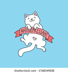 Antidepressant. Cute illustration of funny white cat lying on his back and holding a pink ribbon in his paws. Vector 8 EPS.
