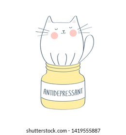 Antidepressant, cute linear funny cat sitting in a medical bottle. Medicine for the mind, to calm, the solution to all problems. Colorful vector illustration in premium outline cartoon design style.