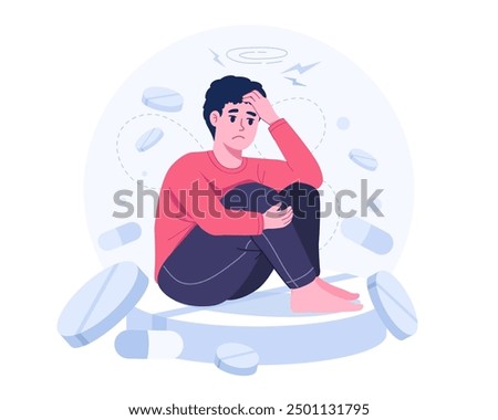Antidepressant Dependency. Sad man sitting on huge pill. Man is on antidepressant pills that cause addiction and problems with perception