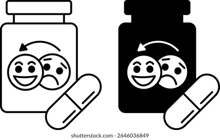 Ícones Antidepressivos. Ilustração de vetor em preto e branco. Drogas Psicotrópicas para o Tratamento da Depressão e Outras Doenças Mentais. Conceito de Psicologia