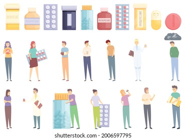 Antidepressant icons set cartoon vector. Family health. Mental sad