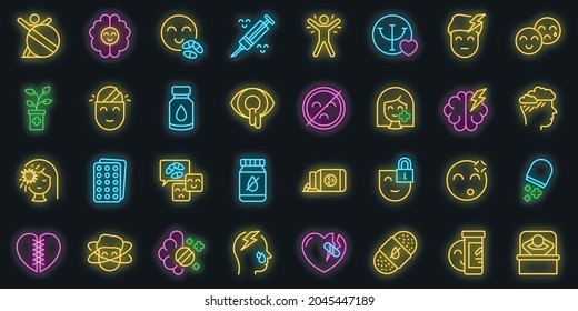 Iconos antidepresivos establecidos. Conjunto de esquemas de iconos vectoriales antidepresivos color neón sobre negro